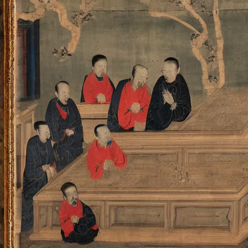 Prompt: painting of a group of Jesuits drawing on Chinese scrolls, 15th century European fine art, masterpiece, oil on canvas, by rafael