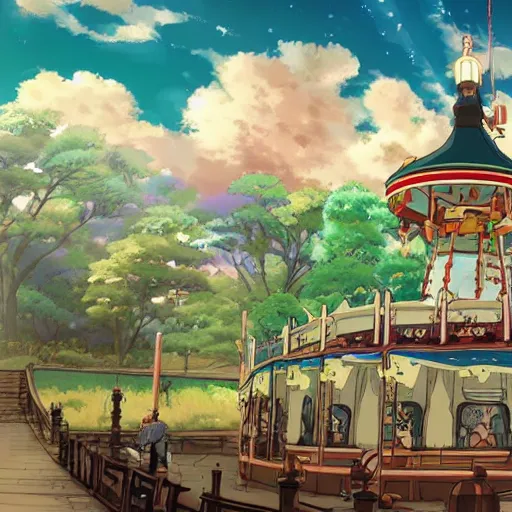 Image similar to a fantasy carousel in the style of studio ghibli, makoto shinkai
