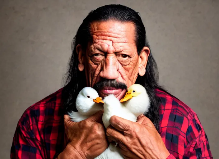 Prompt: photo still of danny trejo at the county fair!!!!!!!! at age 5 6 years old 5 6 years of age!!!!!!!! holding a baby duck he won, 8 k, 8 5 mm f 1. 8, studio lighting, rim light, right side key light