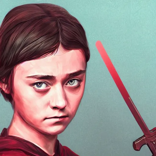 Image similar to Portrait of arya stark next to hello kitty in the style of Disco Elysium, digital drawing by Pavlo Guba, strong red hue