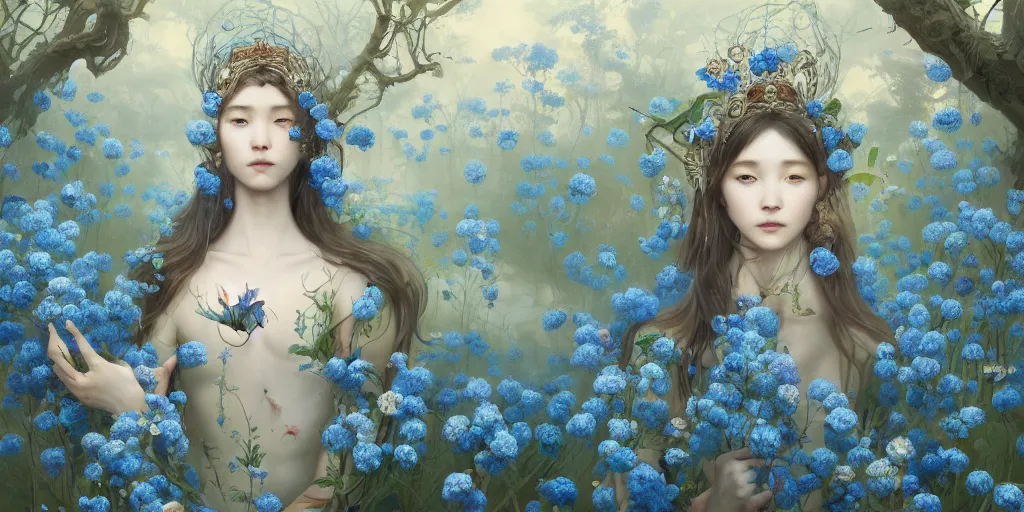 Image similar to breathtaking detailed concept art painting of the goddess of nemophila flowers, orthodox saint, with anxious, piercing eyes, ornate background, amalgamation of leaves and flowers, by Hsiao-Ron Cheng, James jean, Miho Hirano, Hayao Miyazaki, extremely moody lighting, 8K