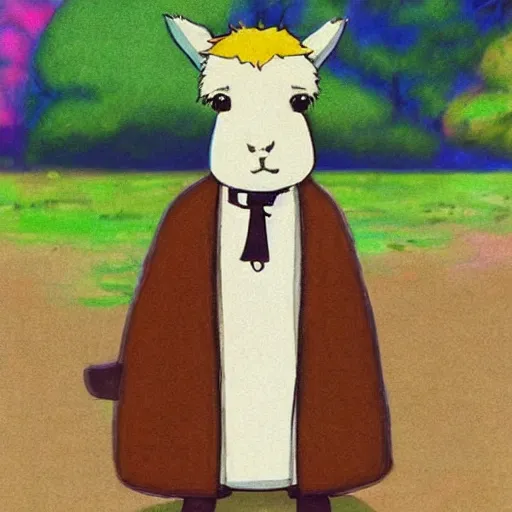 Prompt: cute alpaca wearing a tuxedo by Hayao Miyazaki, beautiful, colorful