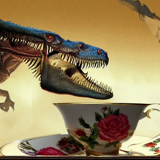 Prompt: long shot of tyrannosaurus rex sitting in a romantique tea cup, by esao andrews, by m. w. kaluta, harmonic composition, volumetric light, fresh colors, humorous oil painting, realistic reflections, smooth, concept art, depth perception, high depth of field, 4 k, unreal engine 5, ultradetailed, hyperrealistic, trending on artstation