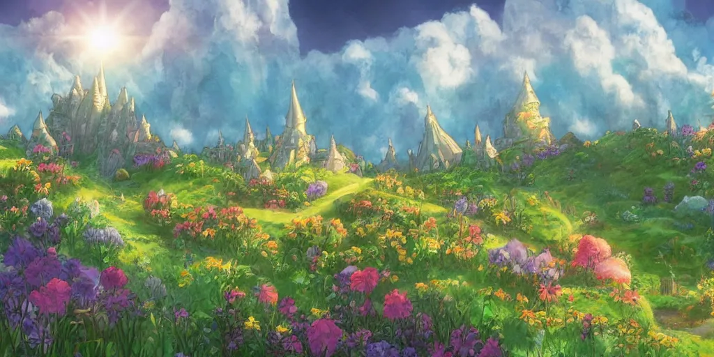 Prompt: a still of a background from howl's moving castle!!!!! of hobbiton, light bloom