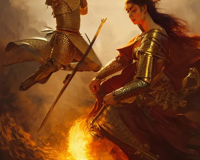 Image similar to battle of kings, medieval war, fire and dust and golden armor, action, dramatic lighting, intricate, wild, highly detailed, digital painting, artstation, concept art, smooth, sharp focus, illustration, art by artgerm and greg rutkowski and alphonse mucha