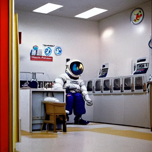 Image similar to a beautiful photo of an astronaut waiting in a laundromat, 1970', soft light, morning light, photorealistic, realistic, octane, 8k, cinematic shot