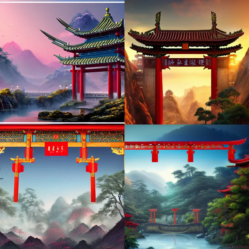 Prompt: a china-inspired fantasy landscape with a giant torii gate, detailed, 4k digital art, trending on artstation