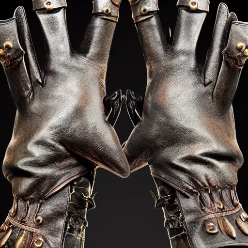 Image similar to metal claws on gloves, old leather gloves with attached talons, pointy fingertips, dark background, highly detailed, 8 k, trending on artstation, mystic, rpg artwork, by peter jackson, by sauron