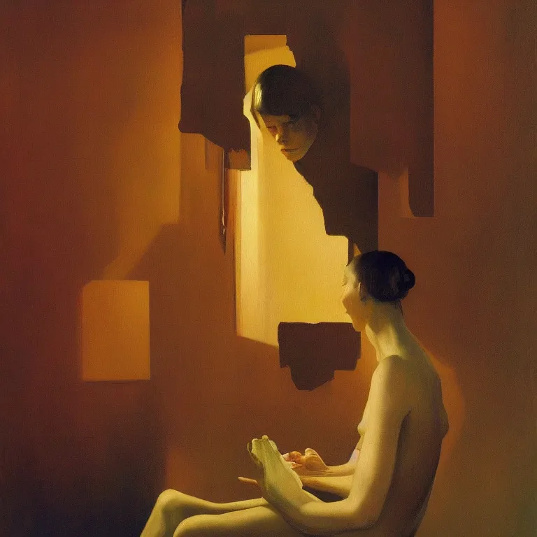 Prompt: portrait painting of the crystal woman, Edward Hopper and James Gilleard, Zdzislaw Beksinski, Steven Outram highly detailed