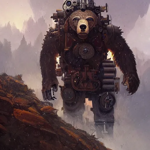 Image similar to a steampunk cyborg grizzly bear ravaging my neighborhood, painting by Greg Rutkowski