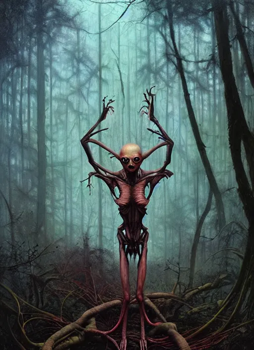 Image similar to hyper realistic spooky alien in the woods in a river gorgeous lighting, lush forest foliage blue sky a hyper realistic painting by chiara bautista and beksinski and norman rockwell and greg rutkowski, tom bagshaw weta studio, and lucasfilm