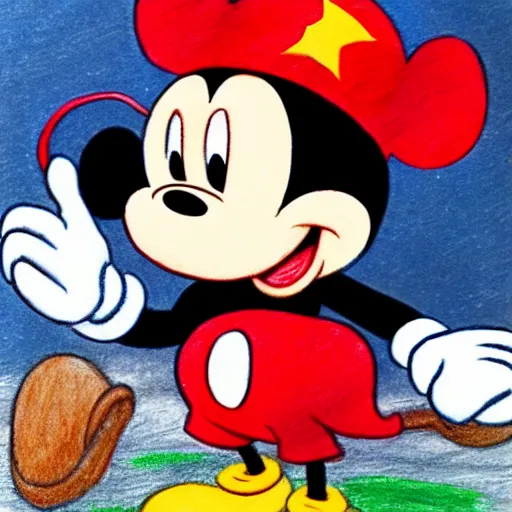 Prompt: a drawing of disney's mickey mouse in a ushanka with a soviet emblem, color, professional,