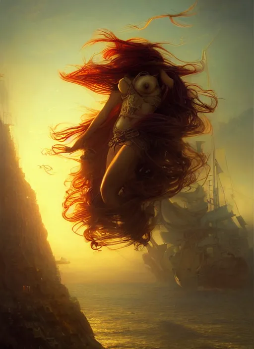 Image similar to portrait painting of a handsome face rugged long hair crimson hair male pirate, top half portrait soft hair steampunk ornate zeppelin blimp airship in the background sky sunset golden hour fantasy soft hair deviantart book cover art dramatic volumetric lighting art by stephan martiniere wlop greg rutkowski gaston bussiere