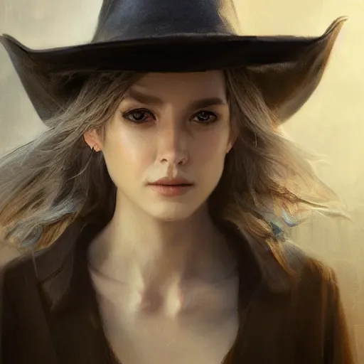 Image similar to portrait of a woman with a long duster, almost grey hair and a cowboy hat, harsh good looking face, drawn by Ruan Jia, fantasy art, dramatic lighting, digital art,highly detailed