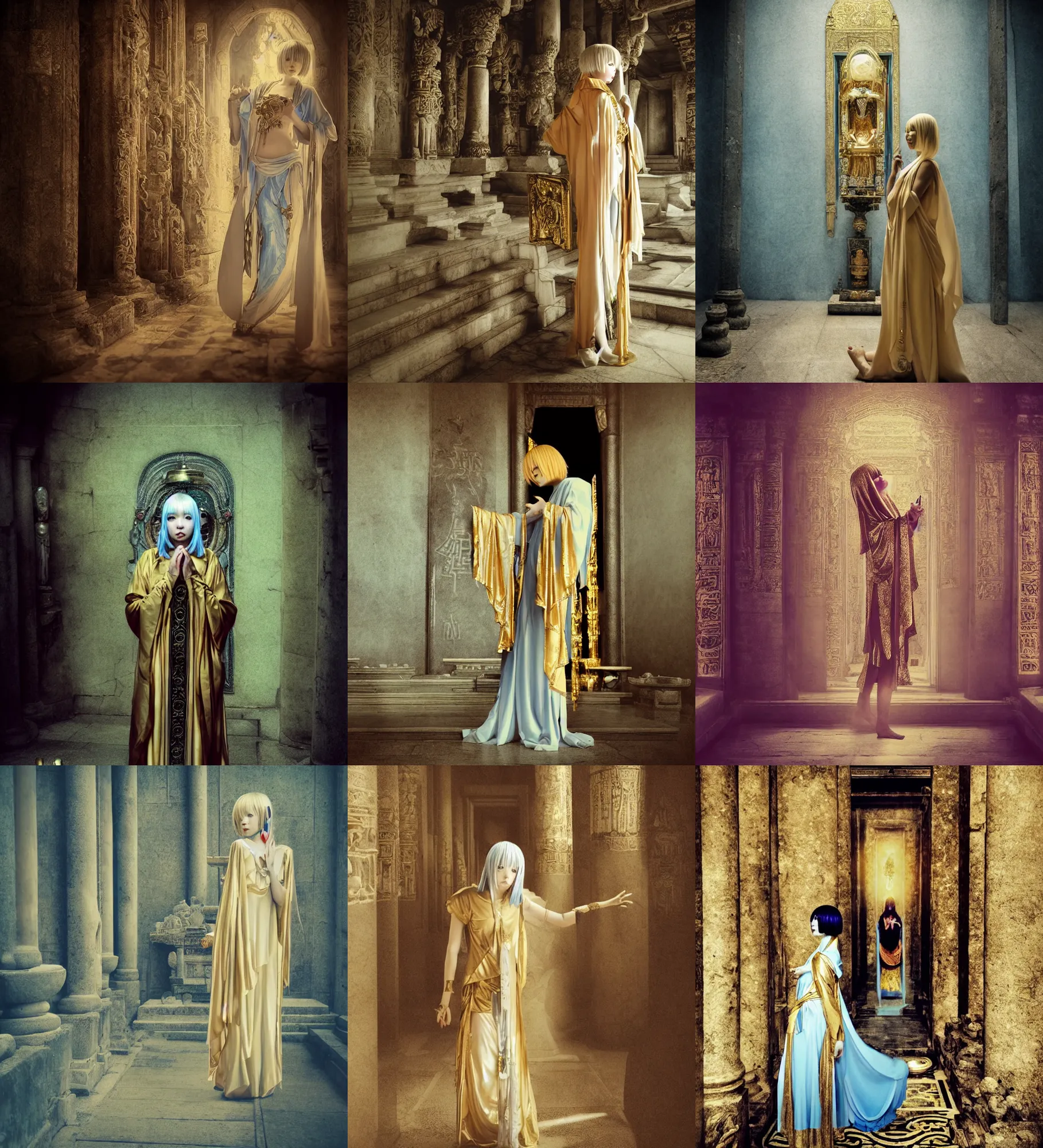 Prompt: lomography, full body portrait photo of women like reol from a distance as a seductive priestess wearing gold walking past a altar in a ancient temple interior, moody, realistic, dynamic perspective pose, light blue filter, skin tinted a warm tone, hdr, rounded eyes, detailed facial features, alphone mucha, heian, black white gold