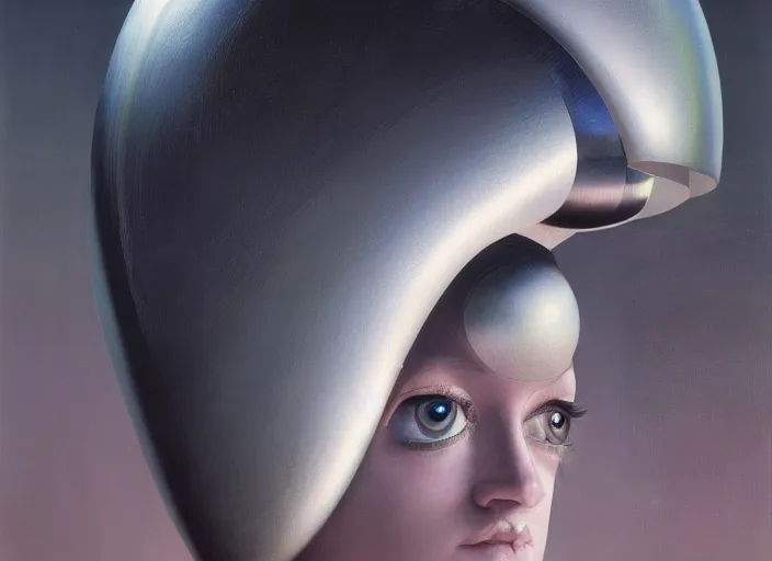 Image similar to a portrait headshot of sci fi metallic human, bright eyes, melancholic complex geometric figure liminal machinery by oskar schlemmer, moebius, john berkey, film grain, oil on canvas, portrait facial head, featured on artstation, hd wallpaper, 8 k, bright colors