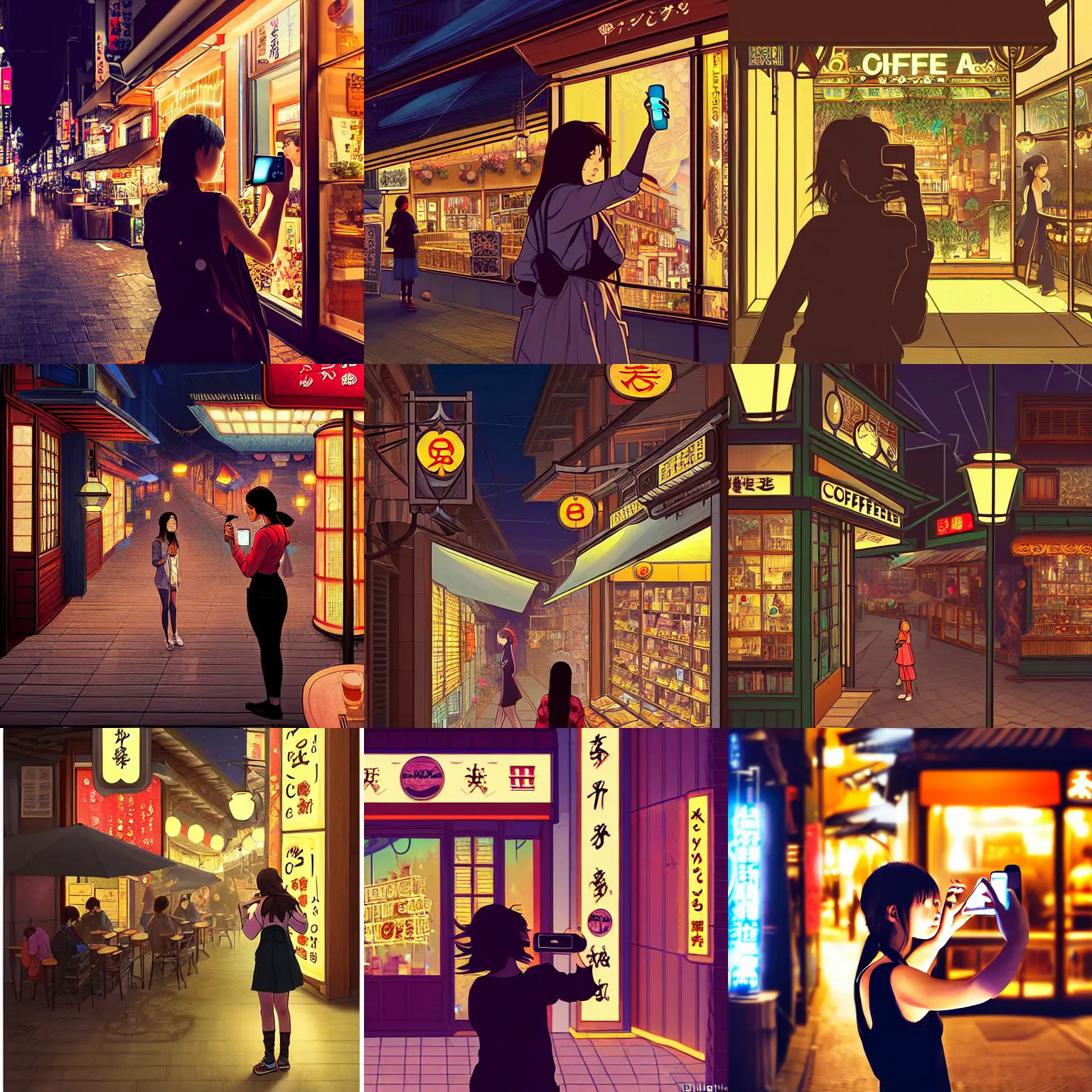 Prompt: a young female taking a selfie in front of a coffee shop store her phone is glowing in The City of Japan at night with a few customers, extreme plus resolution fantasy concept art, intricate details to everything visible, sharp lighting, Dramatic light by denis villeneuve, strong emphasis on alphonse mucha, Makoto Shinkai