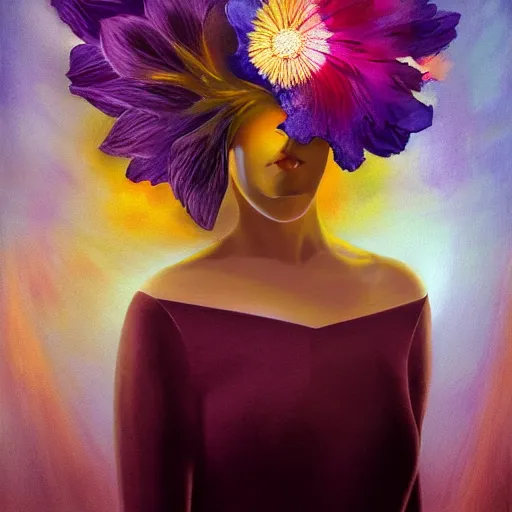 Image similar to huge flower as head, woman standing in a luxury apartment, surreal photography, dramatic light, impressionist painting, digital painting, artstation, georgia o'keeffe