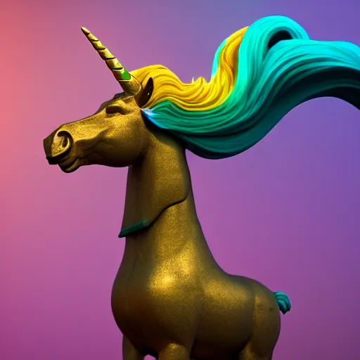 Image similar to a statue of a ramping unicorn sourrounded by a colorful smoke, victorian baroque, hyperrealistic, detailed, depth of field, High definition, 8k, depth of field, octane render, artstation