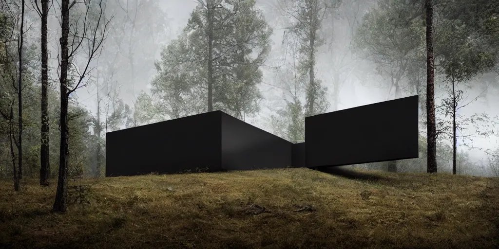 Image similar to a black cube minimalist house in the woods and empty woods, 8k, fantasy, hyper realistic, dramatic lighting, cinematic in ispahan