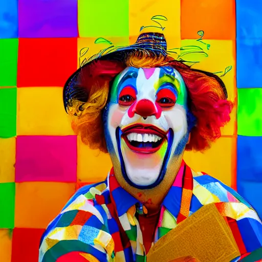 Prompt: Portrait of a colorful happy joyful clown