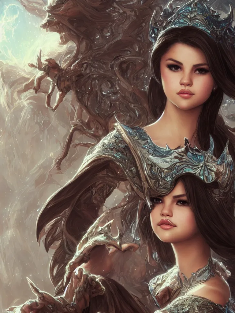 Image similar to Selena Gomez casting an frost spell, D&D, fantasy, intricate, elegant, highly detailed, digital painting, artstation, concept art, matte, sharp focus, illustration, hearthstone, art by Artgerm and Greg Rutkowski and Alphonse Mucha