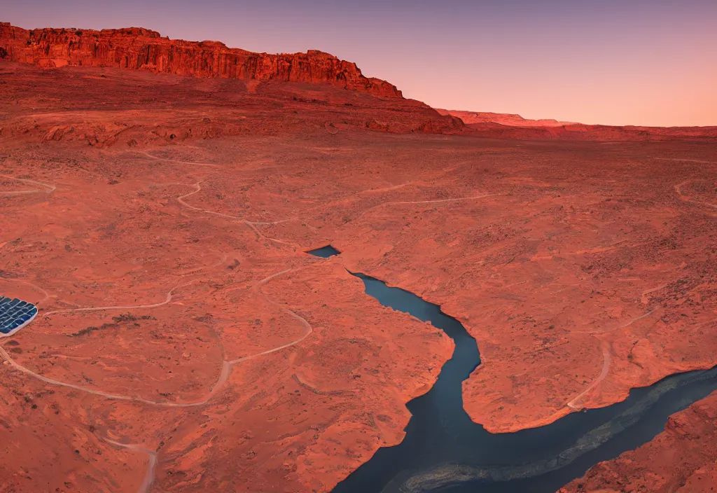 Image similar to futuristic solar panels next to a river bend running through a canyon surrounded by desert mountains at sunset on mars, planet mars, moab, utah, a tilt shift photo by frederic church, trending on unsplash, hudson river school, photo taken with provia, national geographic photo