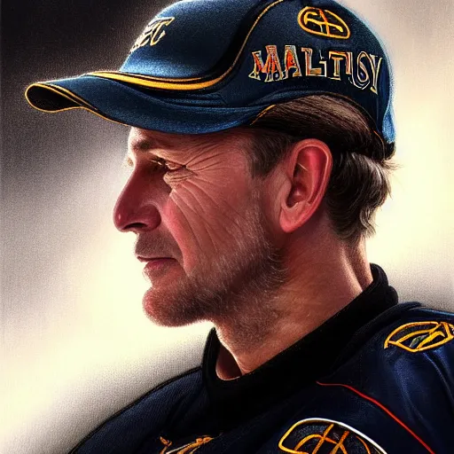 Image similar to beautiful portrait of hockey coach Malarchuk Clint, fantasy, intricate, elegant, highly detailed, digital painting, artstation, concept art, smooth, sharp focus, luxury fashion illustration, art by artgerm and greg rutkowski and alphonse mucha, brightly lit cinematic soft lighting, photorealistic