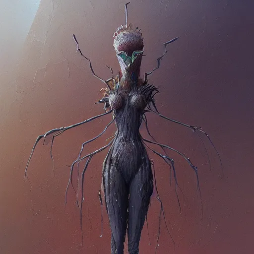 Prompt: A painting of an anthropomorphic ant queen standing upright formian pathfinder, digital art 4k unsettling, Wayne Barlowe Pierre Pellegrini Greg Rutkowski