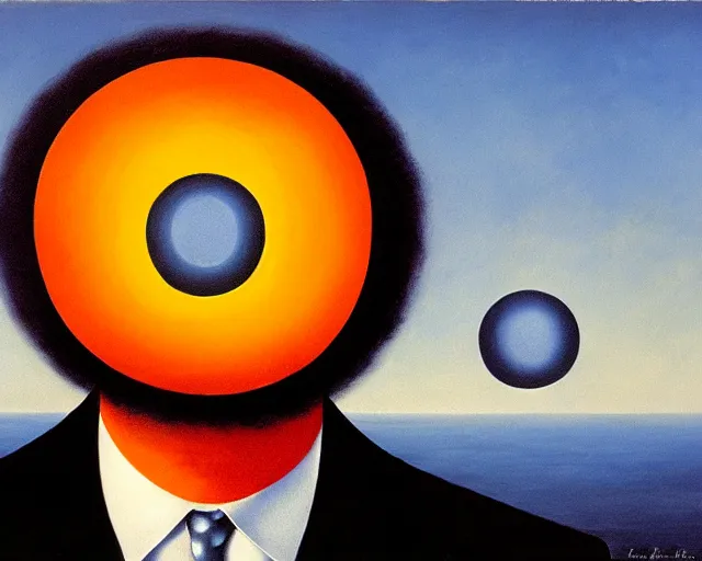 Image similar to magritte painting. the sun has a face with many eyes and teeth. seen through the fog