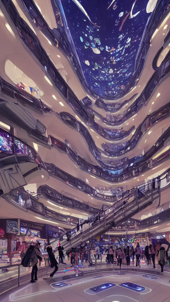 Image similar to interior of pristine intergalactic spaceship, department shopping mall, complex escalator system, futuristic glowing temple with fashion mannequins display, at night and cluster of shopping customers, by makoto shinkai, moebius!, oliver vernon, joseph moncada, damon soule, manabu ikeda, kyle hotz, dan mumford, by kilian eng