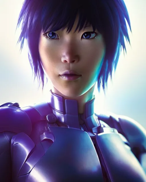 Image similar to weta disney pixar movie still portrait photo of motoko kusanagi the major ghost in the shell : : as cyborg woman by pixar : : by weta, wlop, ilya kuvshinov, rossdraws, artgerm, marvel, maxim cover, latex, octane render, sweaty, iridescent, bright morning, anime, liosh, mucha : :