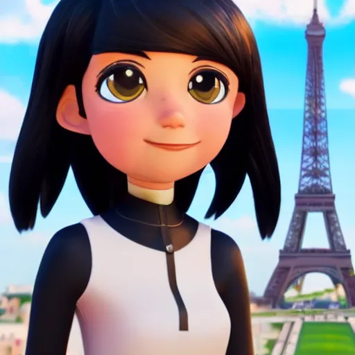 Image similar to Marinette Dupain-Cheng from Miraculous: Tales of Ladybug & Cat Noir action pose in front of the eiffel tower, octane render, close-up, fresh, sunny day