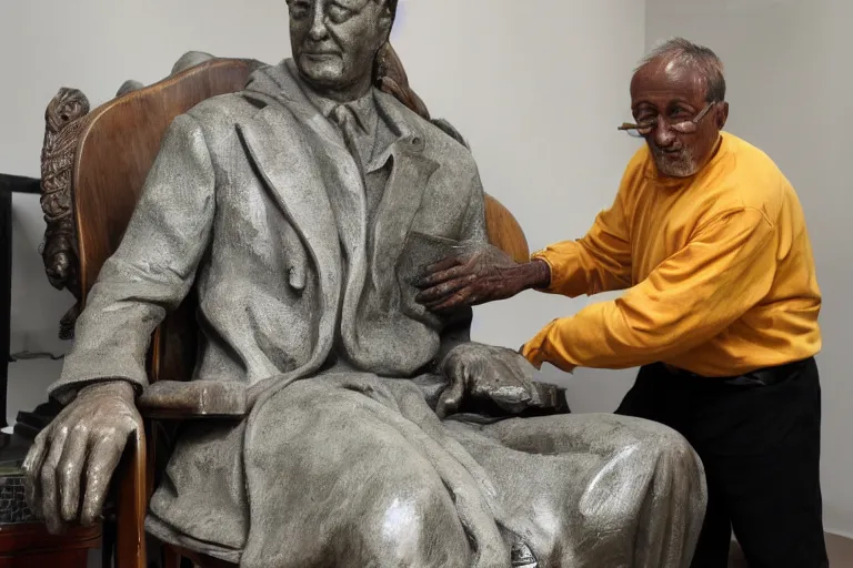 Prompt: a man who is sitting upright in a chair is touching a completed statue