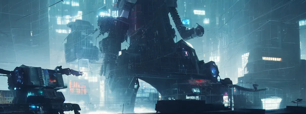 Image similar to epic render of a cyberpunk wizard hacking a giant robot, 8k resolution, octane render, iron giant