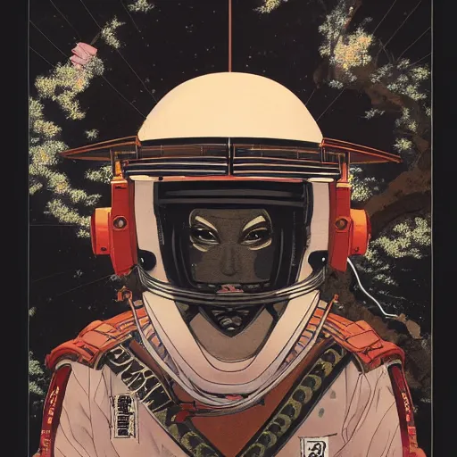 Prompt: a beautiful ukiyo painting of samurai in space futuristic helmet, wearing space techwear, detailed symmetrical close up portrait, intricate complexity, by takato yamamoto, wlop, krenz cushart, makoto shinkai, cinematic dramatic atmosphere, sharp focus