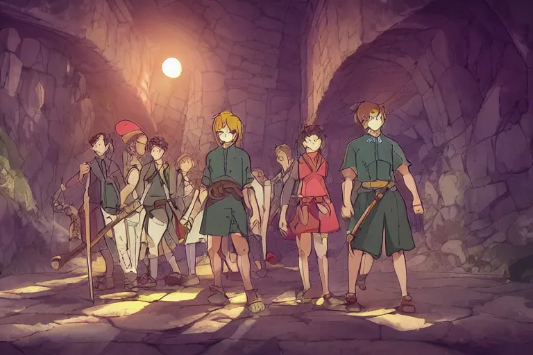 Image similar to cell shaded key visual of a group of adventurers find treasure in a dungeon, in the style of studio ghibli, moebius, makoto shinkai,