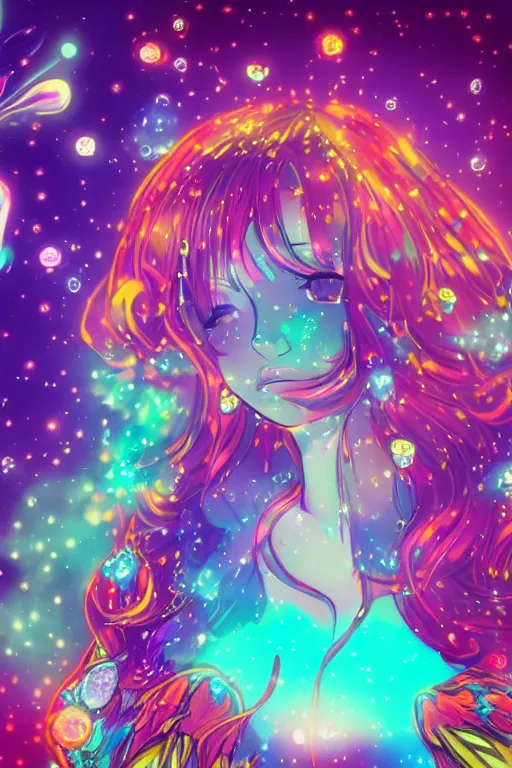 Image similar to psychedelic, whimsical, anime, 4k, beautiful intimate woman blowing smoke, with professional makeup, long trippy hair, a crystal and flower dress, sitting in a reflective pool, surrounded by gems, underneath the stars, rainbow fireflies, trending on patreon, deviantart, twitter, artstation, volumetric lighting, heavy contrast, art style of Ross Tran and Viktoria Gavrilenko
