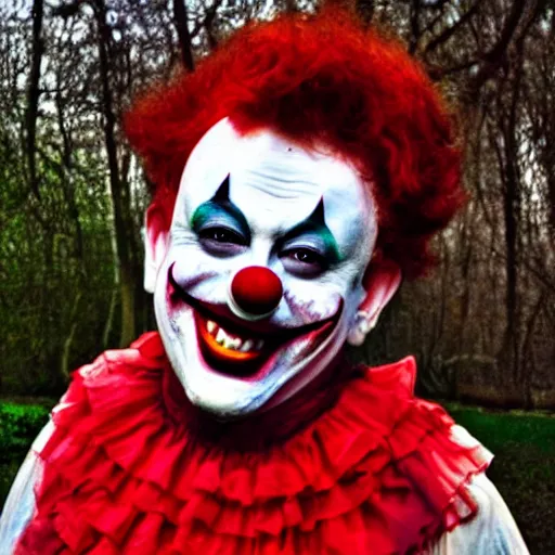 Prompt: creepy clown at a dark park smiling