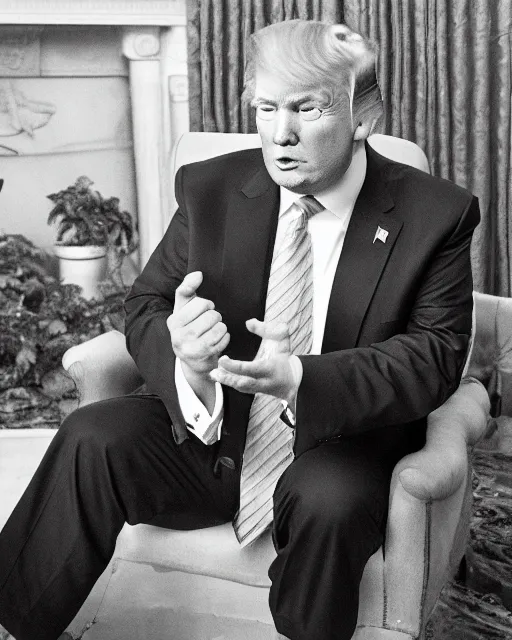 Image similar to donald trump with hippie hair, hippie clothes, smoking cannabis, standing in the oval office, photorealistic photographed in the style of annie leibovitz, studio lighting