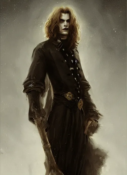 Image similar to portrait painting of the vampire lestat, muscular male gleeful, long hair! long coat, elegant rugged handsome unreal render cinematic lighting art 1 8 9 0 period drama by bussiere rutkowski andreas rocha