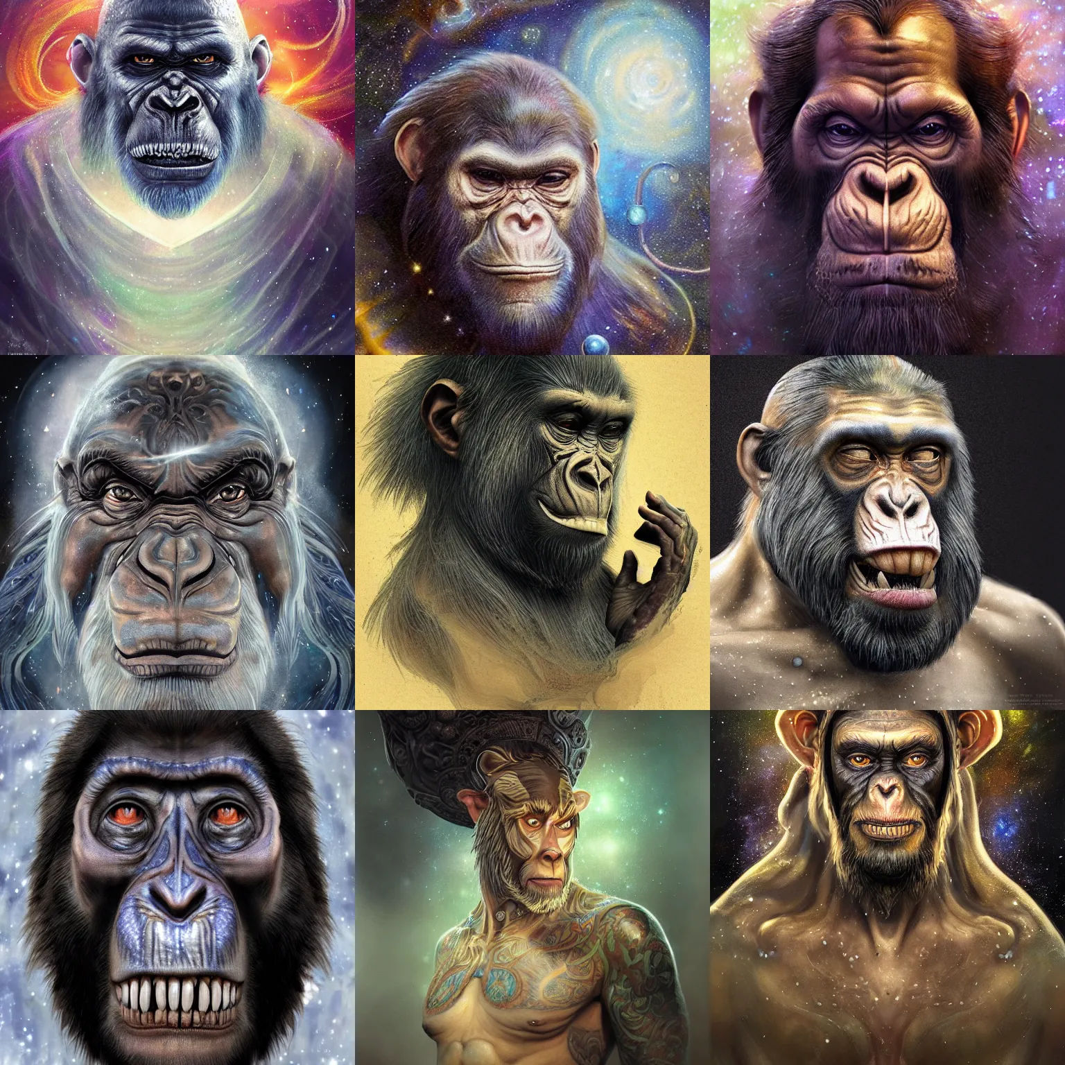 Image similar to a WLOP 3d render of Very very very very highly detailed beautiful mystic portrait of a phantom ape with whirling galaxy around, tattoos by Anton Pieck, intricate, extremely detailed, digital painting, artstation, concept art, smooth, sharp focus, illustration, intimidating lighting, incredible art,