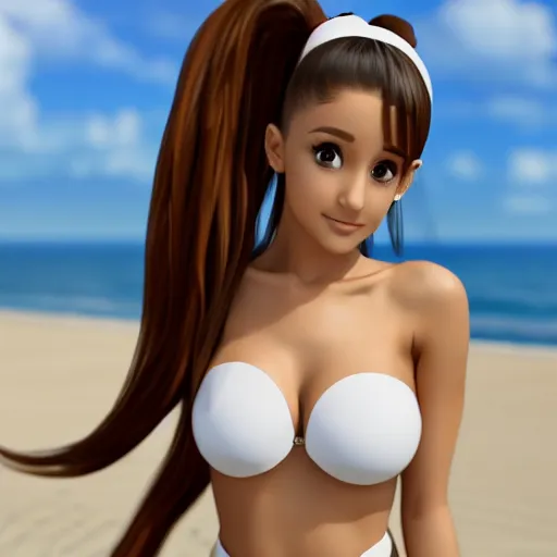 Prompt: render Ariana Grande as a very beautiful 3d anime girl, hazel eyes, full round face, short smile, white silver bikini, serene beach setting, cinematic lightning, medium shot, mid-shot, highly detailed, trending on Artstation, Unreal Engine 4k, cinematic wallpaper