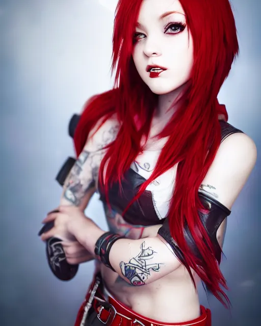 Image similar to a girl with short red hair, cool, vi from arcane, league of legends, fighter, cool red jacket, tattoo, beautiful, 3 d, potrait, art staion, studio light, closeup shot, octane render, wlop