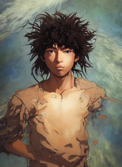 Prompt: prompt : portrait soft light painted by james jean and katsuhiro otomo and erik jones, inspired by akira anime, epic fantasy, a young long haired peasant boy with dark skin, brown skin, a dark complexation in plain fantasy clothing with intelligent eyes, intricate oil painting, high detail illustration, sharp high detail