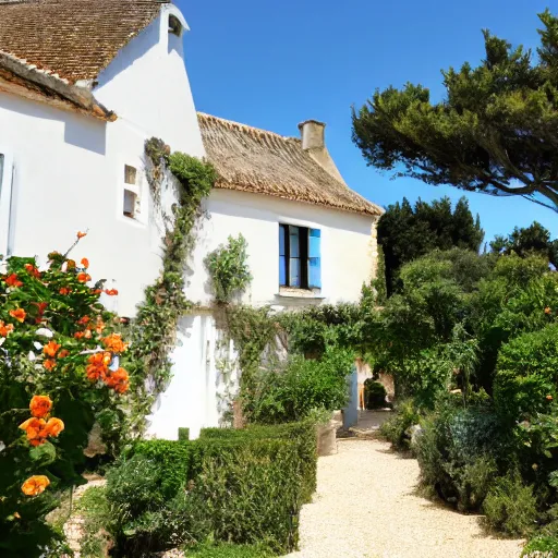 Image similar to ile de re house with a garden full of tremiere rose, sixty stores, white walls, orange roof