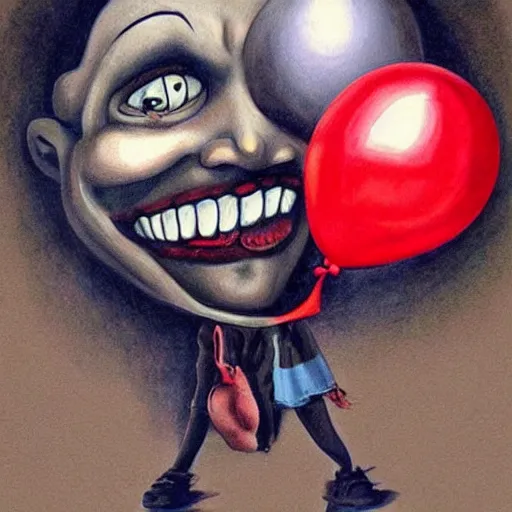 Image similar to grunge cartoon painting of kanye with a wide smile and a red balloon by chris leib, loony toons style, pennywise style, corpse bride style, horror theme, detailed, elegant, intricate