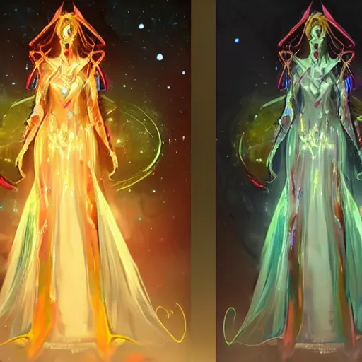 Prompt: character concept art of an astromancer wearing a beautiful cascading nebula gown