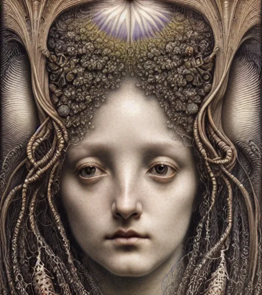 Image similar to detailed realistic beautiful summer goddess face portrait by jean delville, gustave dore, iris van herpen and marco mazzoni, art forms of nature by ernst haeckel, art nouveau, symbolist, visionary, gothic, neo - gothic, pre - raphaelite, fractal lace, intricate alien botanicals, ai biodiversity, surreality, hyperdetailed ultrasharp octane render