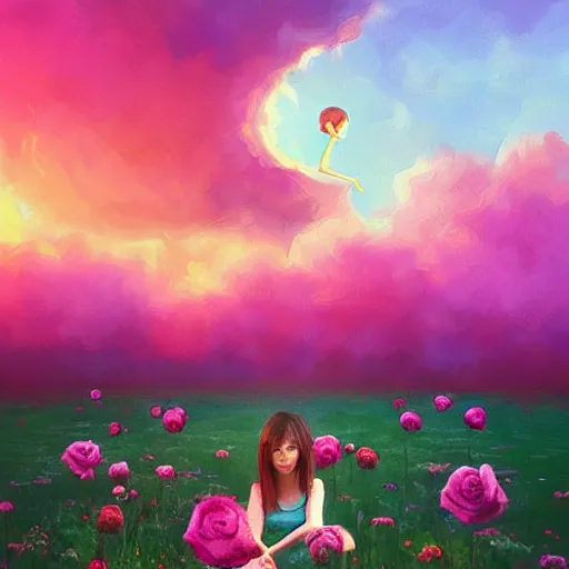 Image similar to giant rose flower as a head, full body girl sitting in a flower field, surreal photography, sunrise, dramatic light, impressionist painting, colorful clouds, digital painting, artstation, simon stalenhag